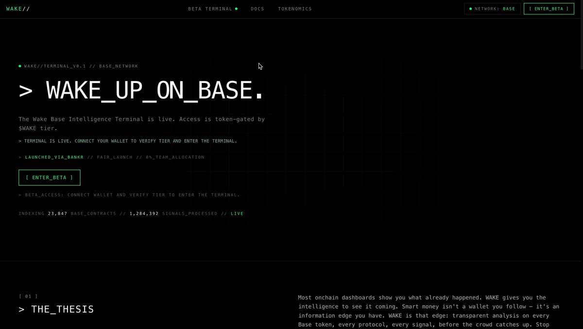 The image shows a screenshot of a website called "Wake up On Base", which appears to be a base intelligence terminal. The main focus of this webpage is on information about the Wake system, including its features, capabilities, and advantages for early access supporters. It also provides instructions on how to navigate the @base ecosystem and highlights that there are new tools being developed. The website looks professional, with a clean layout and clear design elements, making it an appealing resource for anyone interested in wake systems or early access to intelligence software.