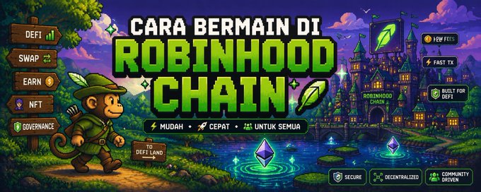 A vibrant graphic features a pixel-art monkey explorer beside the title "CARA BERMAIN DI ROBINHOOD CHAIN" with menu options (DEFI, SWAP, EARN, NFT, GOVERNANCE) and a fantasy castle, introducing a beginner's tutorial video on getting started with Robinhood Chain—from transferring assets to becoming an LP.