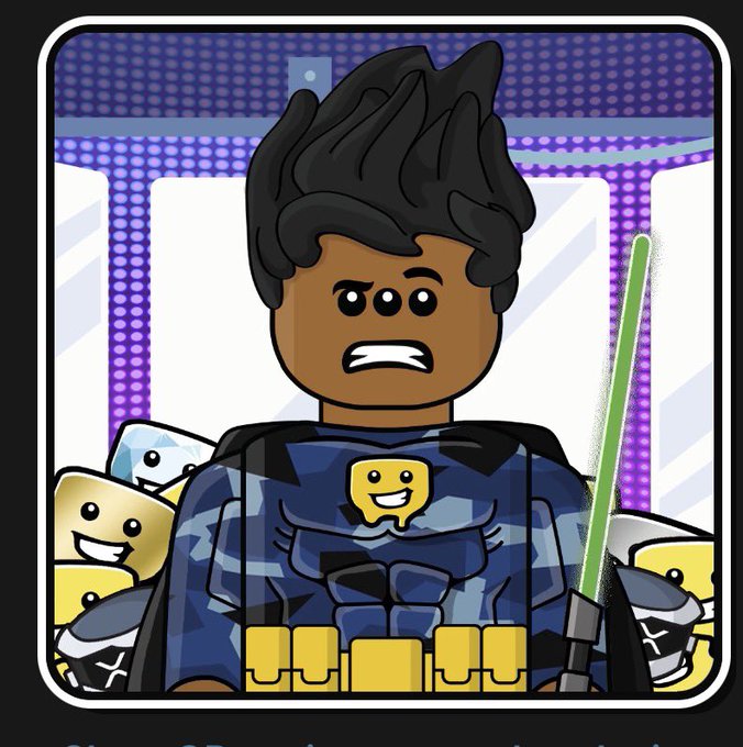 A LEGO-style illustration of a determined LEGO Batman-like character in a blue and black suit holding a green lightsaber, surrounded by small smiling emoji-like figures against a purple-lit background.