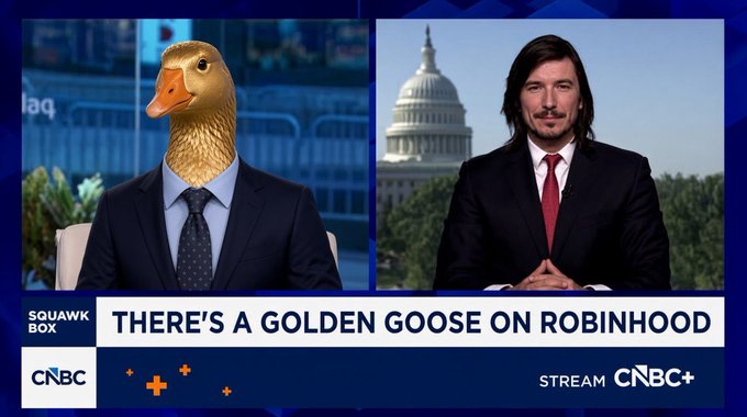A CNBC Squawk Box screenshot features a news anchor with a goose head on the left and Adam Driverski, with the chyron reading 'THERE'S A GOLDEN GOOSE ON ROBINHOOD'.