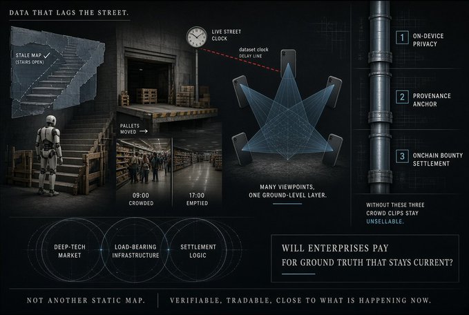The image is an infographic from VanGrid titled "DATA THAT LAGS THE STREET," illustrating how static maps become outdated using examples like a stale staircase map and warehouse footage from 9:00 (crowded) versus 17:00 (empty). It highlights three solutions—"1. ON-DEVICE PRIVACY, 2. PROVENANCE ANCHOR, 3. ONCHAIN BOUNTY SETTLEMENT"—with the tagline "WILL ENTERPRISES PAY FOR GROUND TRUTH THAT STAYS CURRENT? NOT ANOTHER STATIC MAP. VERIFIABLE, TRADABLE, CLOSE TO WHAT IS HAPPENING NOW," visually reinforcing the post's point about the gap between robotic datasets and immediate real-world conditions.