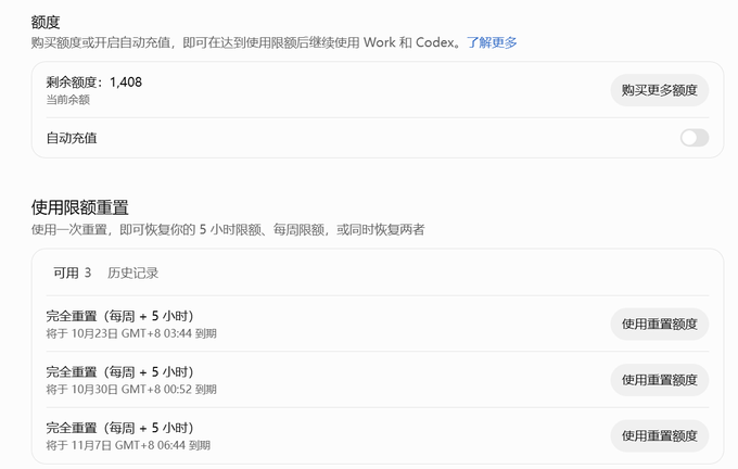 A Chinese-language interface displays account credit information, showing a remaining balance of "1,408" and listing available options for using usage limit resets.