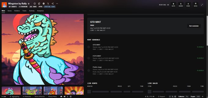 A screenshot of the 'Wingston by Rally o' NFT marketplace website showing a 'GTD MINT' for the Godzilla-themed dinosaur NFT, listing mint schedule, pricing, and live mints/sales sections.