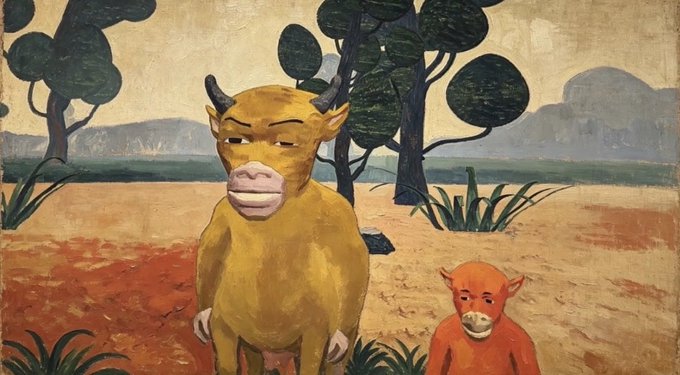 A whimsical painting shows a yellow ox with a stern expression standing beside a smaller orange calf in a sparse landscape with stylized trees. The image playfully illustrates the Chinese phrase "牛来" (literally "ox comes"), referenced in the post as bullish signal suggesting the coin has bottomed and is set for a rally toward a 300 million market cap.