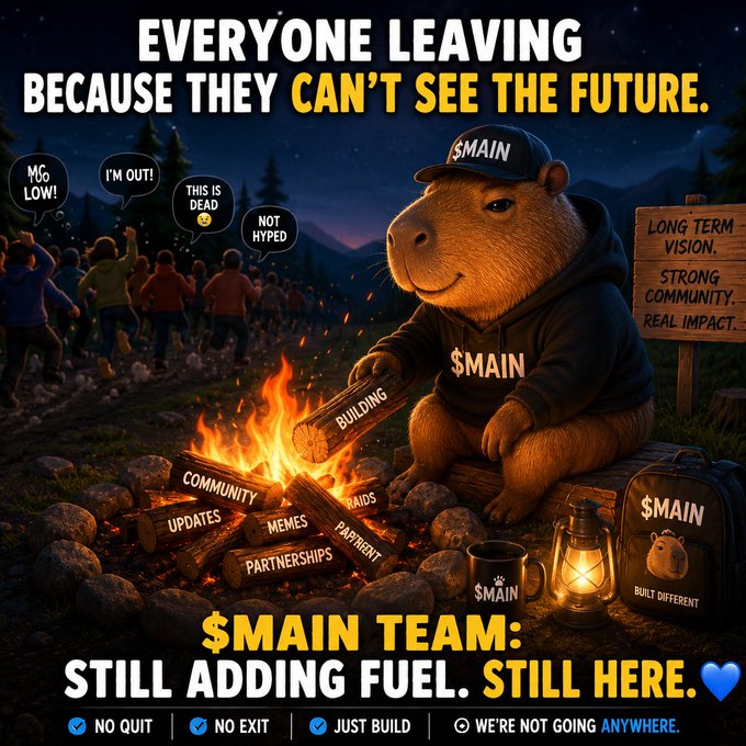 A motivational graphic featuring a capybara wearing a '$MAIN' hoodie and cap, sitting by a campfire while people leave in the background. Text reads 'EVERYONE LEAVING BECAUSE THEY CAN'T SEE THE FUTURE,' '$MAIN TEAM: STILL ADDING FUEL. STILL HERE,' and 'NO QUIT | NO EXIT | JUST BUILD | WE'RE NOT GOING ANYWHERE.'