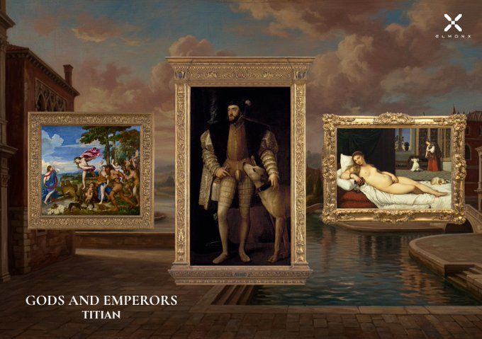 Art gallery scene featuring three classical Renaissance-style paintings in ornate gold frames with the text 'GODS AND EMPERORS' and 'TITIAN' at the bottom.