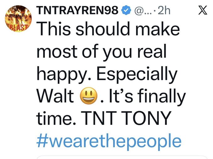 A Twitter/X post from verified user @TNTRAYREN98 reads "This should make most of you real happy. Especially Walt 😄. It's finally time. TNT TONY #wearethepeople," which corresponds to the accompanying post announcing "Its finally Time - RV/ GCR!!!!" referring to the purported global currency reset and reinstatement of the Iraqi dinar.