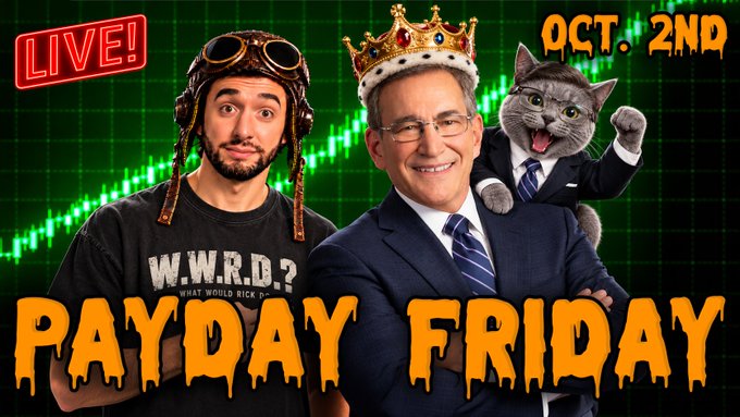The image is a promotional graphic for a live stream event titled "PAYDAY FRIDAY" on "OCT. 2ND," featuring a man wearing an aviator cap and goggles, a smiling businessman with a crown photoshopped on his head, and a cat in a business suit punching the air, all set against a green stock chart background with a "LIVE!" badge. The visuals tie directly into the post's announcement of a "Prop Account Giveaway" celebration, using the lively characters and trading-themed backdrop to draw attention to the contest winners being selected live after market open.