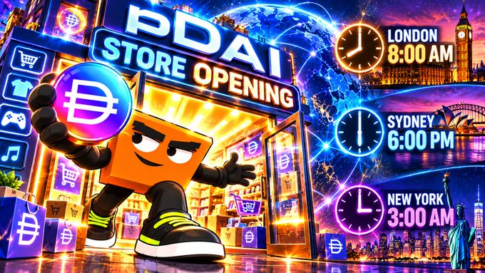 A colorful promotional graphic for a 'PDAI Store Opening' featuring a cartoon orange character holding a coin, alongside city times for London 8:00 AM, Sydney 6:00 PM, and New York 3:00 AM.