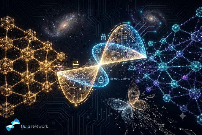 A digital graphic for Quip Network featuring glowing geometric structures, galaxies, and circuit board patterns with a 'SEASON 4 OPEN' label.