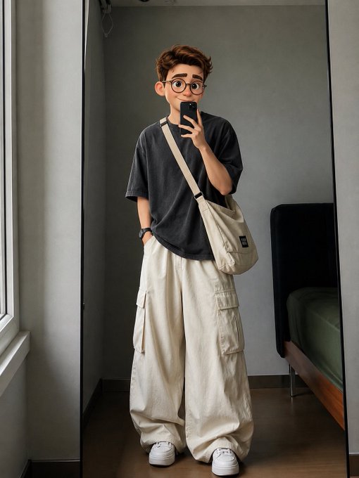 A young man takes a mirror selfie in a bedroom, wearing an oversized dark t-shirt, loose beige cargo pants, white sneakers, and a crossbody bag, holding a black smartphone.