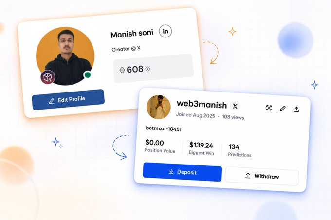 The image shows two different social media profiles, both with a manish soni profile picture displayed. The first profile has a blue background and features a white header that reads "Web3manish X creator X 608", indicating that the user is a creator of the Web3 project. The second profile also has a blue background but has a white header displaying the name "Maniash Soni" along with a number, which could be the account's ID or username. Both profiles have a small amount of text and icons related to the Web3 project, suggesting that they are part of an online community or discussion about the project.