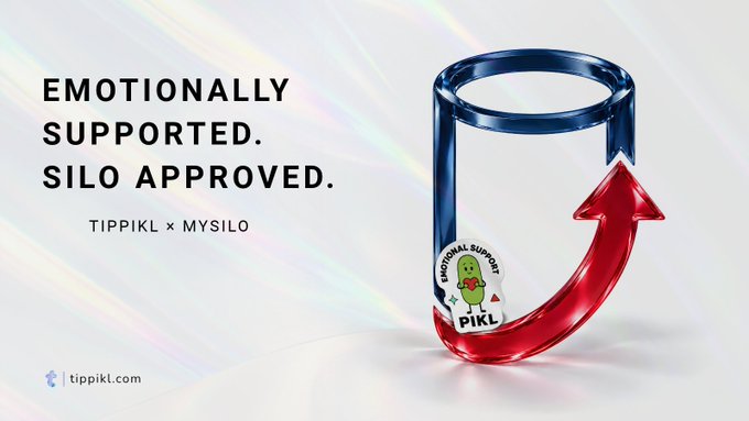 An advertisement reading 'EMOTIONALLY SUPPORTED. SILO APPROVED. TIPPIKL x MYSILO' featuring a circular red and blue arrow logo with a Pikl character sticker.