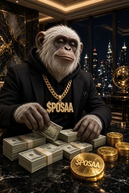 A realistic image of a chimpanzee in a black suit and gold chain with 'SPOSAA' on it, sitting at a table with stacks of cash and gold coins also labeled 'SPOSAA'.