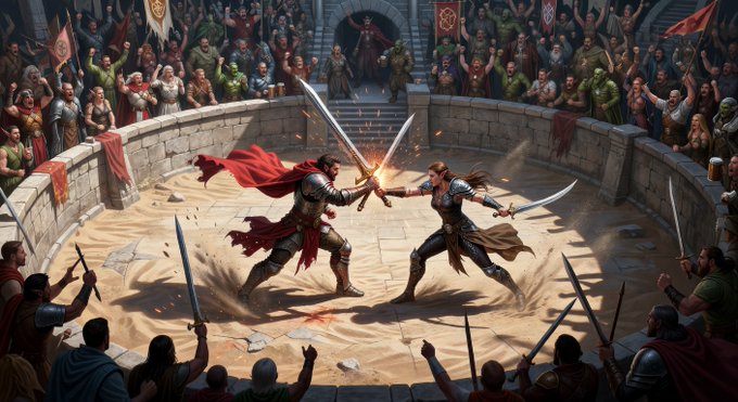 Two armored warriors clash with swords in a circular arena filled with sand, surrounded by cheering crowds holding flags and weapons. Sparks fly from their intersecting blades in the dramatic scene.