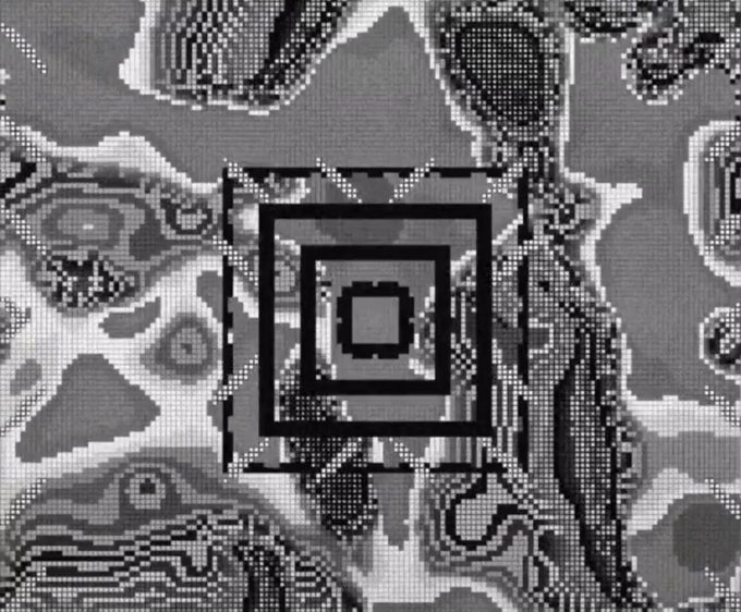 A grayscale pixelated image displays nested black square targeting reticles overlaid on a mosaic-like background of dots and patterns. The targeting frames visually emphasize precision and focus, complementing the post's message about a $1M profit-and-loss achievement in the CollectiveBTC Ordinals group on Robinhood Chain.