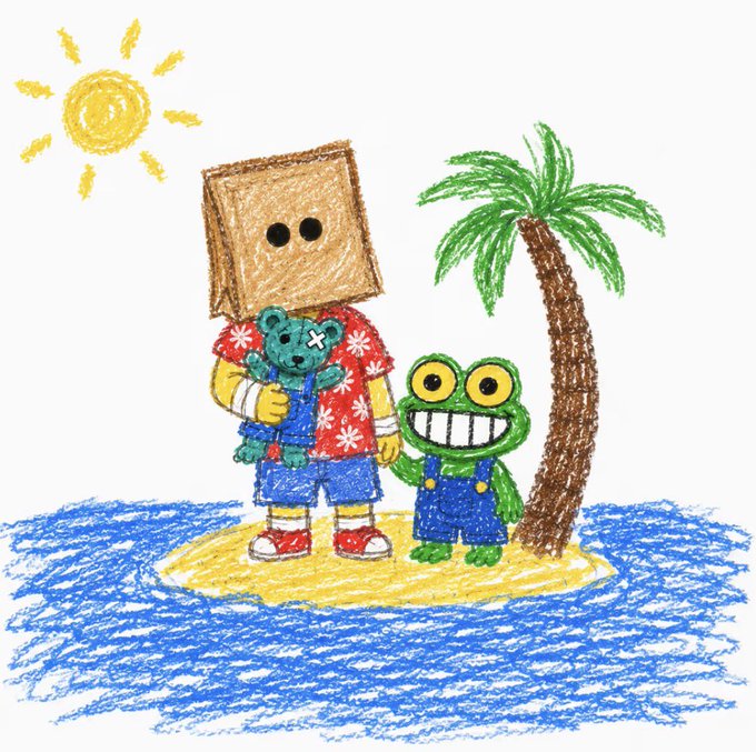 A colorful crayon-style drawing of two characters—a figure with a paper bag head holding a teddy bear and a green frog—standing on a small yellow island with a palm tree, surrounded by blue water under a sunny sky.