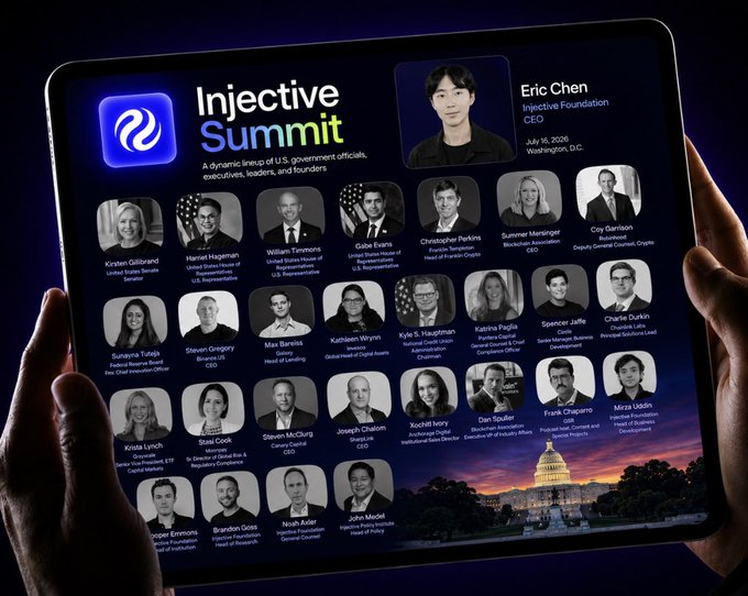 A person holds up a tablet displaying a promotional graphic for the "Injective Summit," featuring the Injective logo, the tagline "A dynamic lineup of U.S. government officials, executives, leaders, and founders," and a grid of headshots of speakers led by Eric Chen, CEO of Injective Foundation, with the U.S. Capitol building pictured below as the venue setting. The image visually reinforces the post's announcement of the upcoming July 16, 2025 event in Washington, D.C., showcasing the high-profile speakers who will be shaping conversations around digital assets.