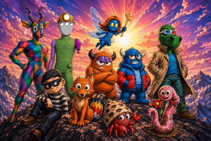 A vibrant digital illustration features a diverse group of colorful, whimsical characters including a giraffe, a burglar, a fairy, a yeti, a hippo, a fox, a crab, and a worm, standing together on a rocky peak against a dramatic sunset sky.
