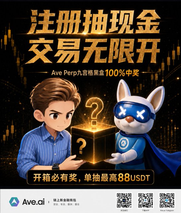An advertisement for Ave.ai featuring a cartoon man and a rabbit mascot holding a mystery box, with Chinese text promoting a registration cash draw and unlimited trading, offering up to 88 USDT per draw.