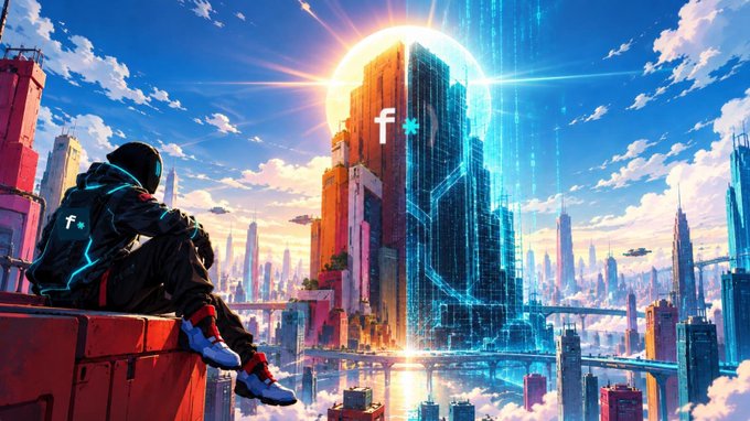 An anime-style illustration of a person in a hooded jacket sitting on a rooftop, gazing at a futuristic city with a glowing skyscraper displaying the letter 'f'.