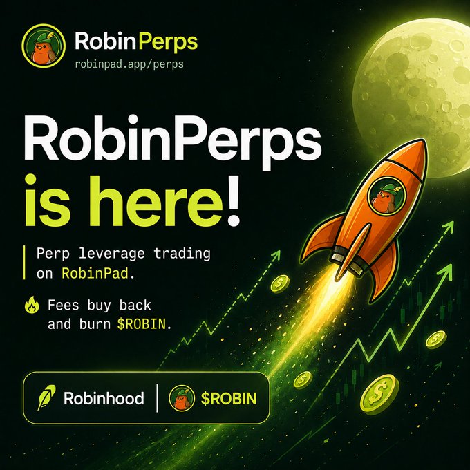 An advertisement for 'RobinPerps is here!' promoting perp leverage trading on RobinPad, featuring an illustrated orange rocket flying past the moon with green trading chart elements, branded with Robinhood and $ROBIN.