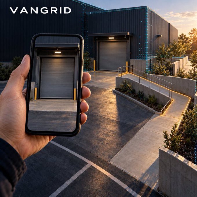 A promotional image for VanGrid, showing a hand holding a smartphone in front of a modern industrial building with digitally highlighted elements and lighting strips.