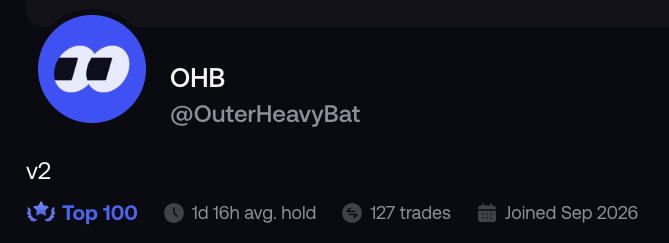 A profile card for Twitter/X user **OHB (@OuterHeavyBat)** displays the display name "v2," a "Top 100" badge, an average hold time of 1 day 16 hours, 127 trades, and a join date of September 2026. The image relates to the post by showing the wallet profile (OuterHeavyBat) whose token holdings the author is asking others to match up with Bonk guy's side wallets via Solscan and bubble map analysis.
