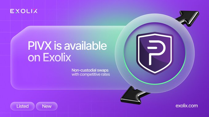 Exolix promotional graphic announcing PIVX is now available on the platform for non-custodial swaps with competitive rates.
