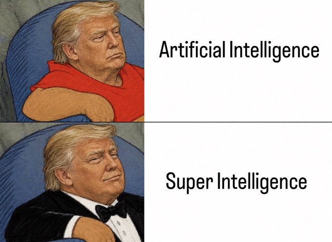 A two-panel meme showing Donald Trump reclining in a chair; the top panel labeled 'Artificial Intelligence' shows him in a casual red shirt, while the bottom panel labeled 'Super Intelligence' shows him wearing a fancy tuxedo.
