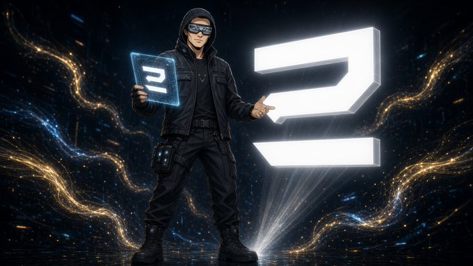 A man in tactical gear, sunglasses, and a hood holds a holographic digital card while standing next to a large glowing number '2' against a backdrop of flowing golden particle streams.