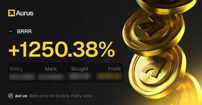 A promotional graphic for Aurus on Solana displays a +1250.38% profit with columns for Entry, Mark, Bought, and Profit, alongside stacked gold coins featuring a logo.