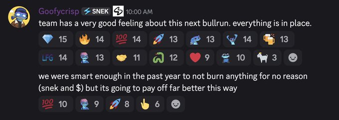 A Discord message from Goofycrisp about $SNEK at 10:00 AM, predicting the "next bullrun" and noting that being smart enough to not "burn anything for no reason ($snek and $)" will pay off, with reaction counts ranging from 3 to 15 on various emojis including a diamond (15), fire (14), and 100 (14). The image supports the accompanying post's bullish sentiment on $SNEK by reinforcing confidence in the project's strategic approach and impending growth.