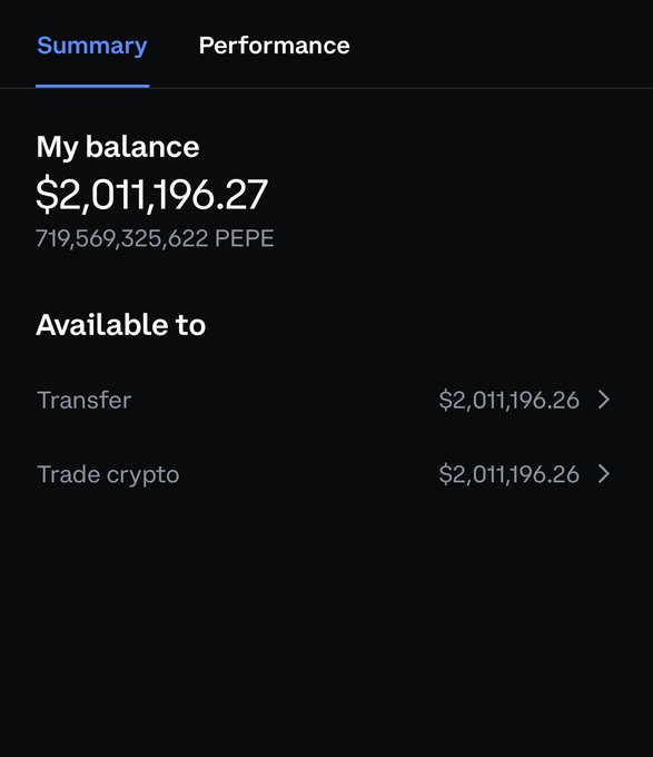 A screenshot of a crypto portfolio summary displaying a balance of $2,011,196.27 worth of 719,569,325,622 PEPE tokens, with $2,011,196.26 available to transfer or trade, supporting the post's claim of a $2 million PEPE purchase.