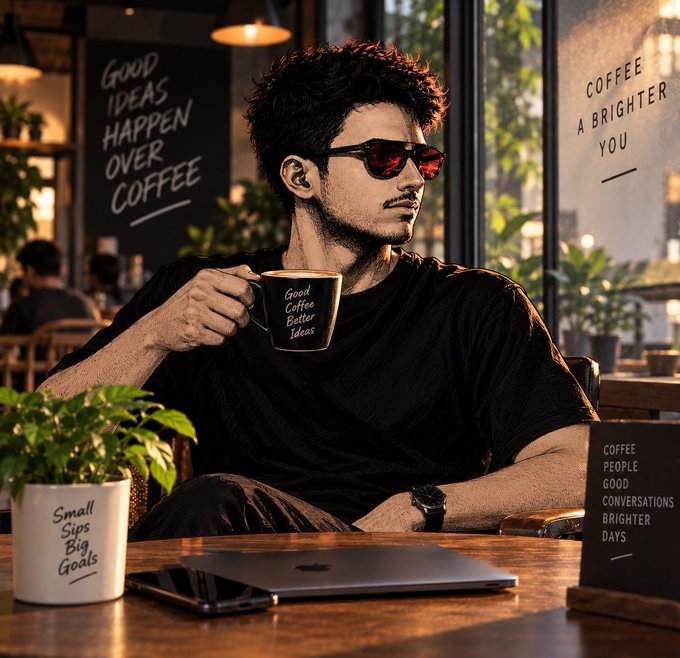 A man wearing red-tinted sunglasses and a black shirt sits in a cafe holding a mug reading 'Good Coffee Better Ideas', with signs stating 'GOOD IDEAS HAPPEN OVER COFFEE' and 'COFFEE A BRIGHTER YOU'.