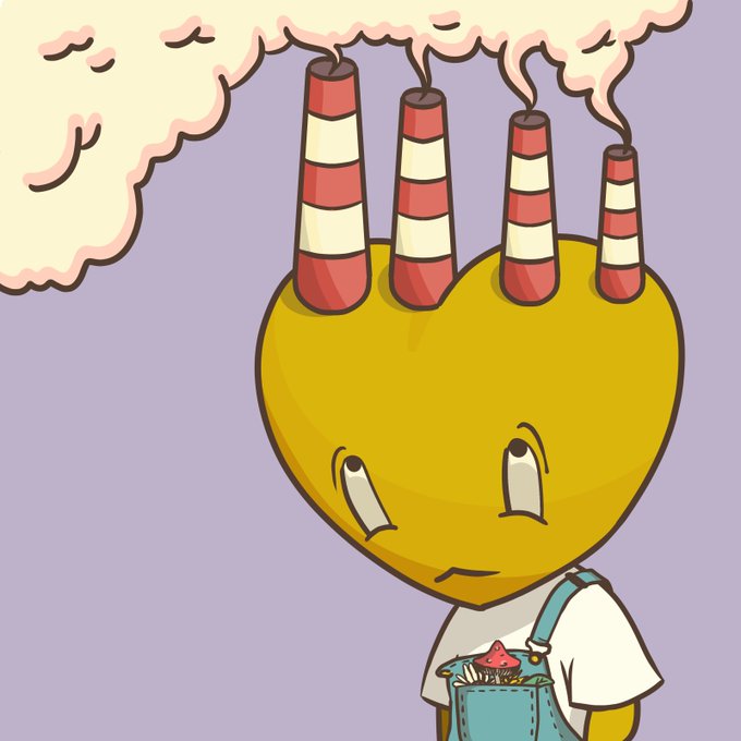 A yellow cartoon heart character with four red-and-white striped smokestacks billowing smoke sits holding a blue bag of candy, visually personifying the "heart" emoji sentiment behind the post celebrating the author's new ownership of the @LT3NFT token.