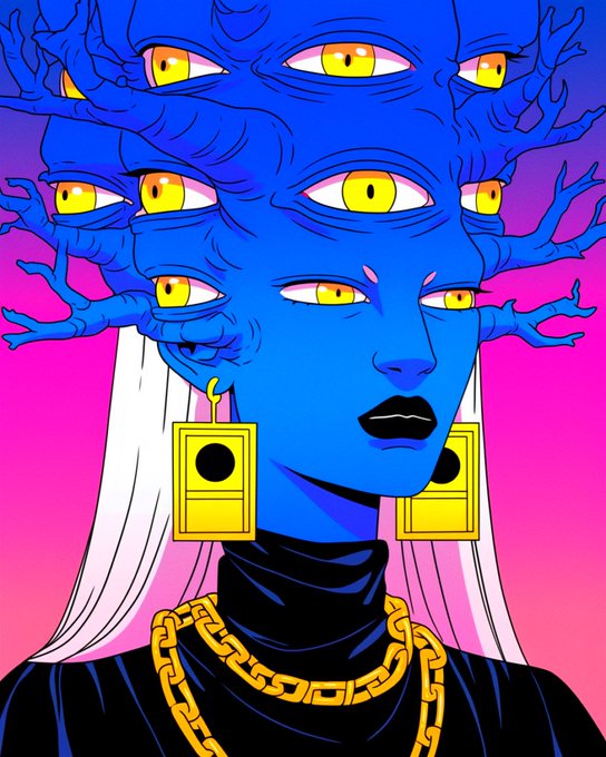 A surreal digital illustration by @IThinkItsArt features a blue-skinned figure with multiple yellow-eyed faces and root-like appendages extending from the head, adorned with bold yellow geometric earrings and a gold chain, set against a vibrant pink and blue gradient background—evoking a striking, otherworldly aesthetic that matches the post's eclectic "gm" energy and creative spirit.