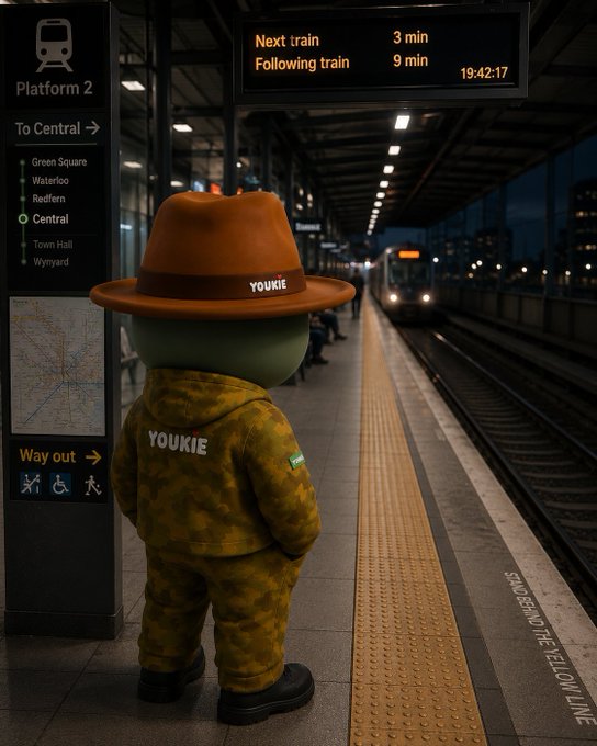 A 3D-rendered character wearing a camouflage hoodie labeled 'YOUKIE' and an orange fedora stands on a train platform next to a sign reading 'Platform 2 To Central', with a digital display showing 'Next train 3 min' and '19:42:17'.