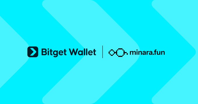A promotional graphic featuring the Bitget Wallet logo next to minara.fun on a teal background with arrow patterns.