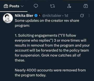The image shows a post from Nikita Bier (@nikitabier) announcing updates to the creator rev share program, stating that accounts soliciting engagements through replies asking users to follow will be removed, with nearly 4,000 accounts removed that day. The accompanying post appears to reference how X platform's policy changes regarding distributions and giveaways have led creators like the poster to migrate to Telegram channels to continue their airdrop programs—directly connecting to the image's announcement about strict enforcement against engagement-bait tactics that many crypto and airdrop creators commonly employ.