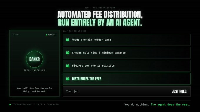 A dark-themed digital poster announcing a new automated fee distribution system on GameStop's onchain protocol, highlighting that "DISTRIBUTES THE FEE" is handled by an AI agent named "BANKR" while holders just need to hold GME tokens. The image visualizes the Bankr agent's four-step process—reading holder data, checking hold time and minimum balance, determining eligibility, and distributing fees—aligning with the post about automating Diamond Drops so holders earn real GameStop stock onchain without manual action.