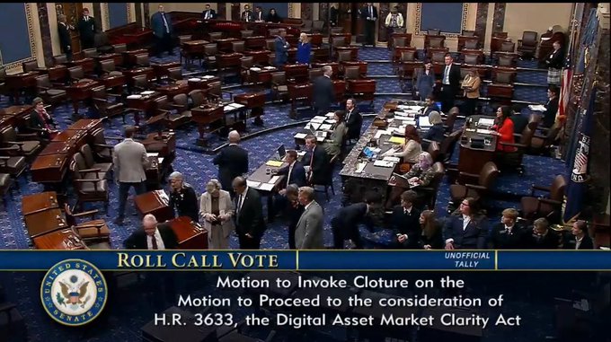 A screenshot from the U.S. Senate floor showing a roll call vote on the "Motion to Invoke Cloture on the Motion to Proceed to the consideration of H.R. 3633, the Digital Asset Market Clarity Act," sponsored by Unoficial Tally.