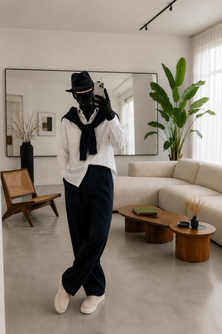 A person dressed in a stylish outfit featuring a white shirt with a black scarf, black trousers, white shoes, and a black hat and mask takes a mirror selfie in a modern living room with a beige sofa, wooden coffee table, and a large plant, capturing a relaxed Sunday vibe.