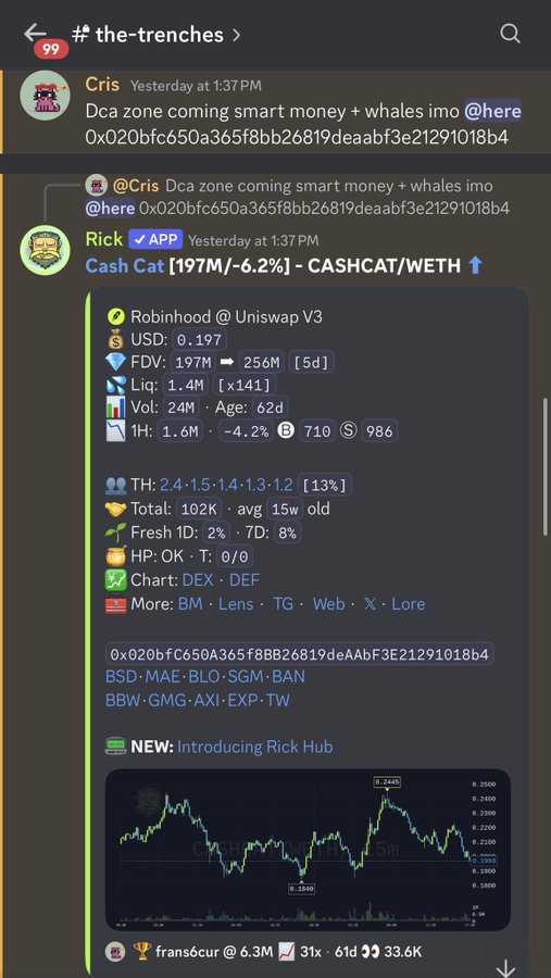 A screenshot of a Discord channel "#the-trenches" showing a Rick Bot data panel for $CASHCAT/WETH trading pair on Uniswap V3, displaying metrics like 197M FDV, 1.4M liquidity, and 24M volume, alongside user "Cris" commenting about a DCA zone and smart money activity. The image supports the post's boast about the poster's history of bottom-tick calls and credit for launching the CASHCAT/Robinhood season narrative.