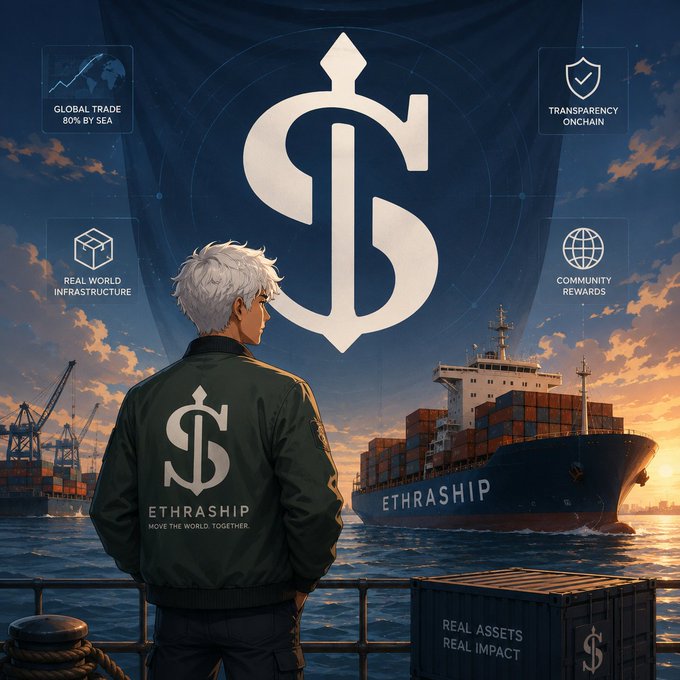 Promotional graphic for 'ETHRASHIP' with the slogan 'MOVE THE WORLD TOGETHER,' showing an anime-style character looking at a cargo ship and containers, with text highlighting 'GLOBAL TRADE 80% BY SEA,' 'REAL WORLD INFRASTRUCTURE,' 'TRANSPARENCY ONCHAIN,' and 'COMMUNITY REWARDS.'