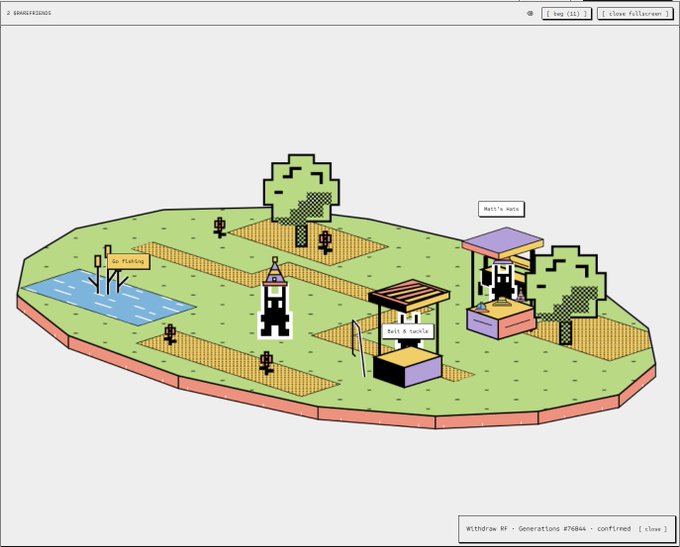 A pixel art simulation of a garden environment titled 'GARDENSIM2025', showing various characters including 'Rusty n nails' and 'Joel n' nacho' with crops, a pond, and a robot. Status bar shows 'Drop: 1232' and 'User: FullSparrow', with bottom text reading 'Withdraw NY - Generations #26864 - confirmed [slow]'.
