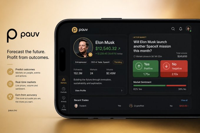 A promotional image for 'pauv' shows a prediction market interface on a smartphone, featuring a market on Elon Musk launching another SpaceX mission with Yes/No options.