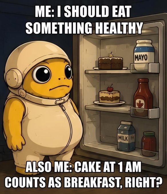 A character contemplates eating cake at 1 AM, questioning if it counts as breakfast, alongside items like "MAYO" and "MILK" in the fridge, relating to the post about building and then having a "healthy" breakfast at 1:05 AM with the ticker $TURBO.