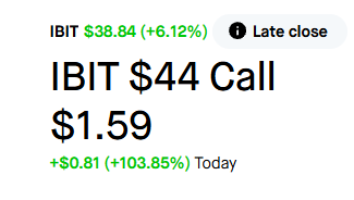 Stock price card showing IBIT at $38.84 (+6.12%) with a featured $44 Call option priced at $1.59, up +$0.81 (+103.85%) Today.