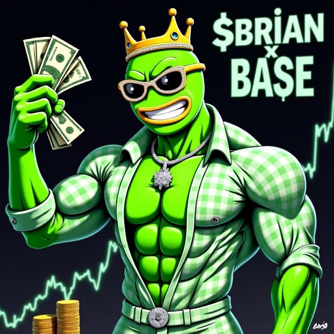 A Pepe the Frog meme styled as a muscular figure wearing a crown, sunglasses, and an open checkered shirt, holding cash with text '$BRIAN x BASE$' on a chart background.